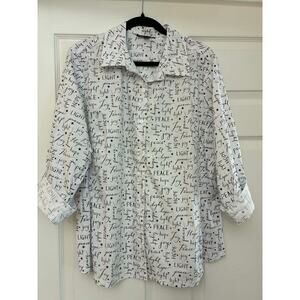 Zac & Rachel Woman 2X White Black Script Button Shirt Hope Joy Peace Top